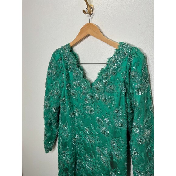 Vintage Fully Beaded Gown Mother of Bride Dress Glam Sequin Regal Green Large - Picture 3 of 7